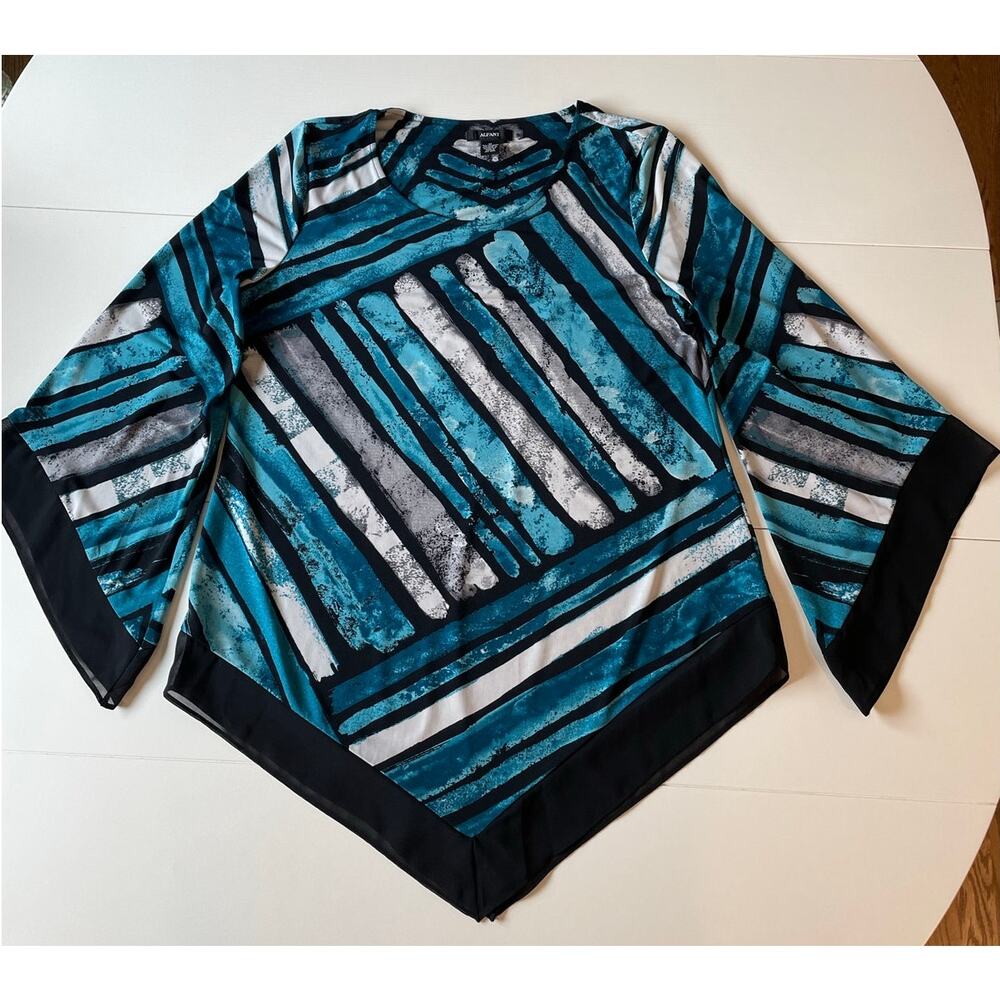 Alfani Asymmetrical Point Hem Tunic Top Sz M Flowy Geometric Lagenlook Stretchy - Picture 2 of 11